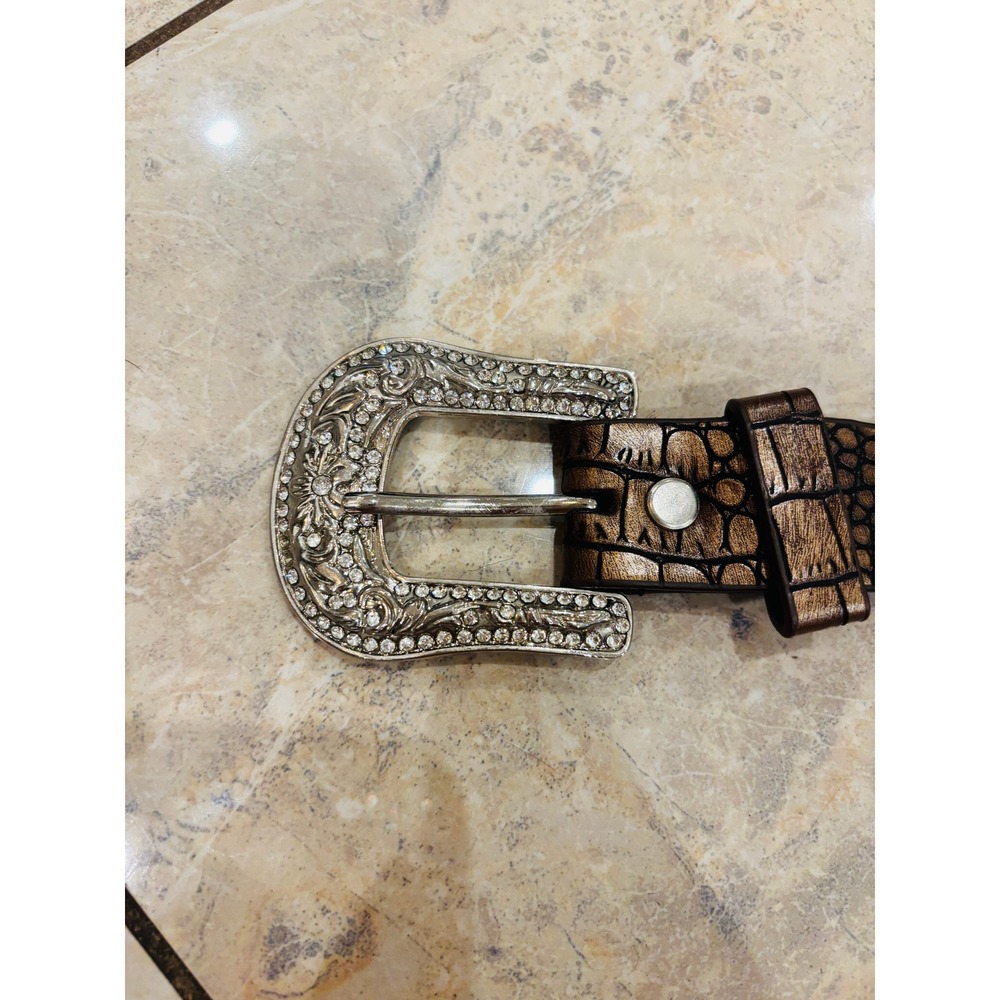 Vintage Y2K Western Cowgirl Bling Belt Bronze Croc Pink Cross Rhinestone XL